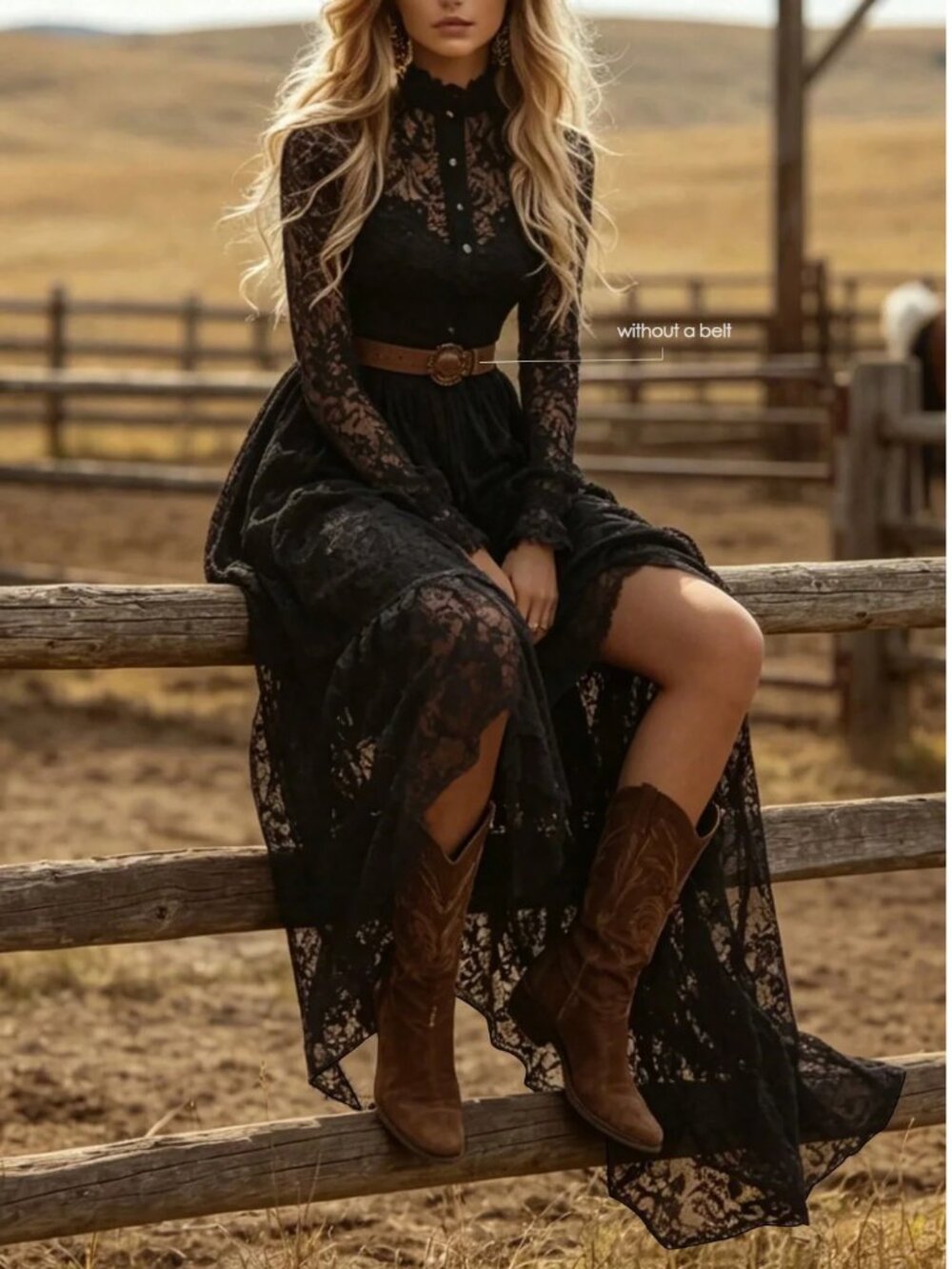 Victorian Black Lace Maxi Dress High Neck Long Sleeve Gothic Boho Gown - Picture 8 of 13